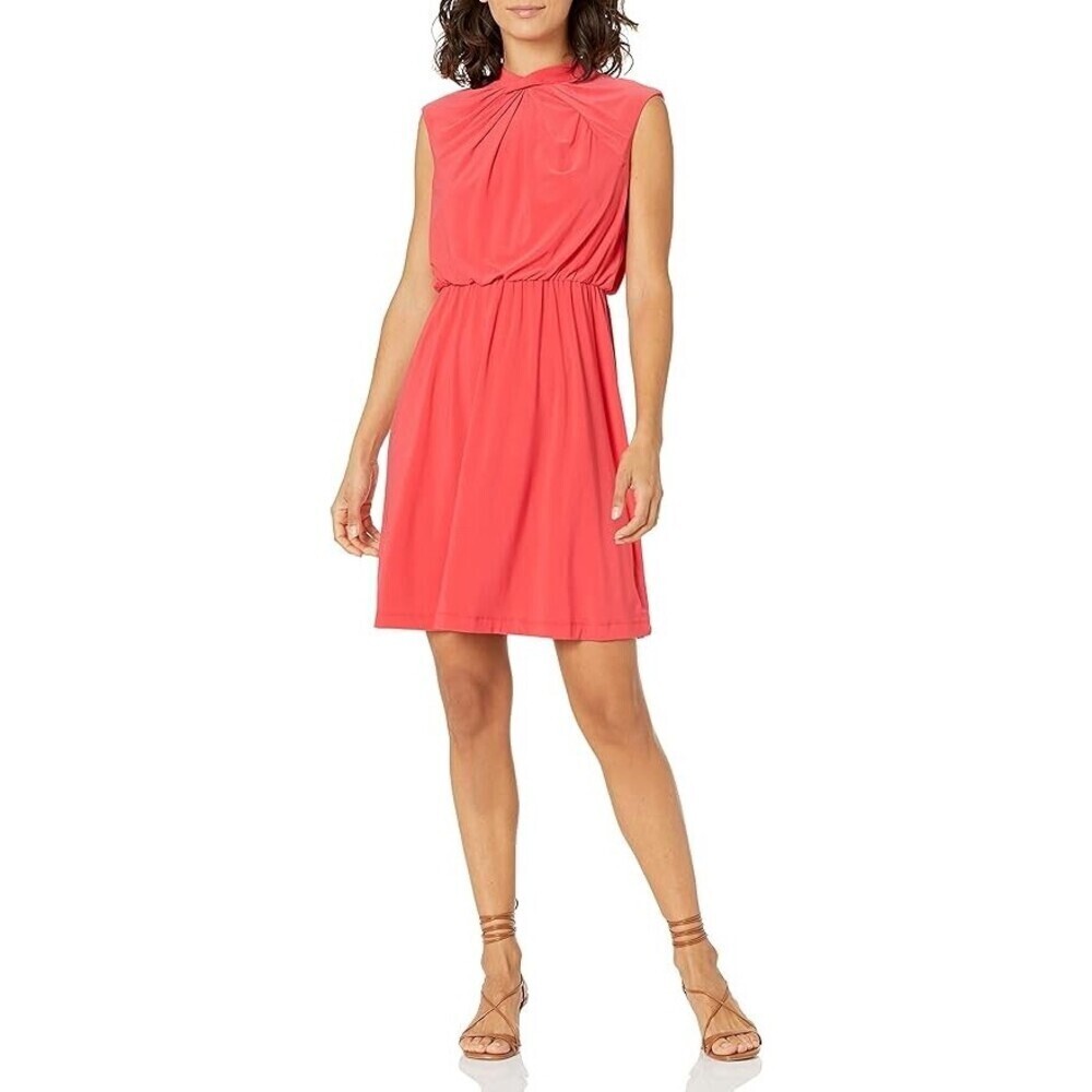 Adrianna Papell Twist Neck Jersey Blouson Knee Dress Geranium Red Size Petite 4